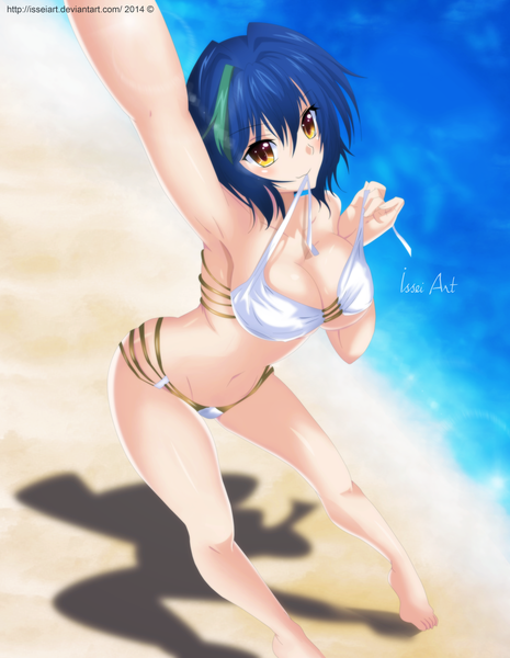 Anime picture 3396x4386 with highschool dxd xenovia quarta isseiart single tall image blush highres short hair breasts light erotic smile large breasts holding yellow eyes blue hair absurdres multicolored hair green hair from above two-tone hair