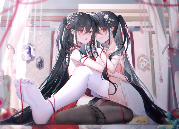 Anime picture 4250x3070 with azur lane manjuu (azur lane) taihou (azur lane) taihou (forbidden feast) (azur lane) taihou (temptation on the sea breeze) (azur lane) moonlgnance looking at viewer blush fringe highres breasts open mouth light erotic black hair smile hair between eyes red eyes sitting multiple girls absurdres