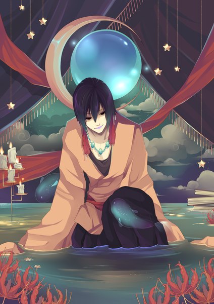 Anime picture 2480x3507 with gasara single long hair tall image highres black hair purple hair cloud (clouds) red hair multicolored hair black eyes lipstick crescent boy flower (flowers) ribbon (ribbons) water star (symbol) book (books) curtains