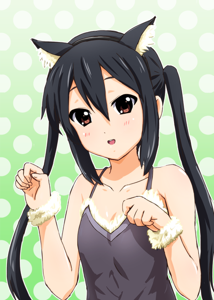 Anime picture 755x1056 with k-on! kyoto animation nakano azusa diesel-turbo single long hair tall image looking at viewer blush open mouth black hair twintails bare shoulders brown eyes animal ears cat ears girl