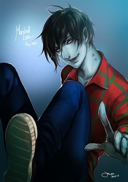 Anime picture 1240x1754 with adventure time marshall lee (adventure time) rm-parfait single tall image looking at viewer short hair black hair red eyes signed light smile teeth fang (fangs) blue background pale skin plaid pointing boy shirt sneakers
