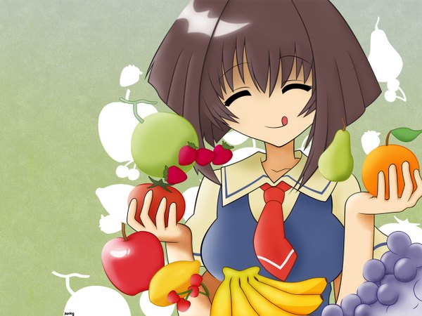 Anime picture 1280x960 with karin j.c. staff maaka karin single short hair smile holding eyes closed grey hair vampire green background girl uniform serafuku food tongue fruit