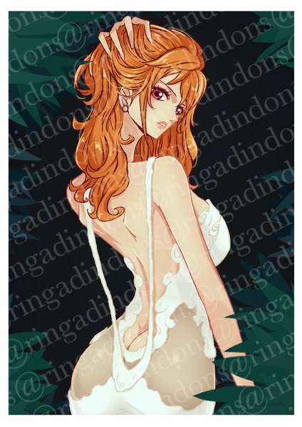 Anime picture 2480x3508 with one piece toei animation nami (one piece) sherumaru (korcht06) single long hair tall image looking at viewer fringe highres breasts light erotic hair between eyes standing bare shoulders brown eyes signed ass parted lips looking back