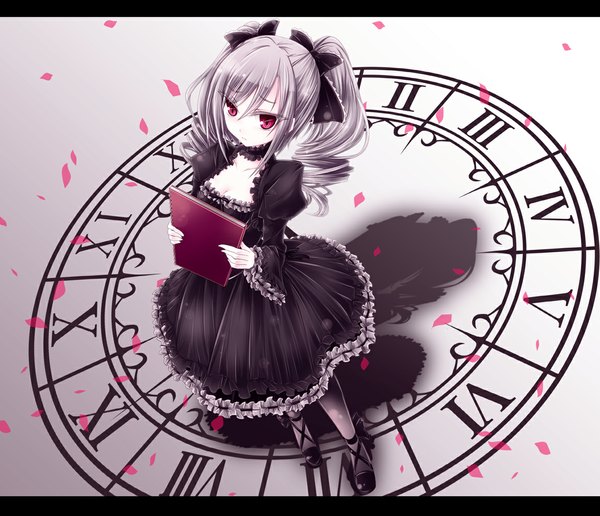Anime picture 1161x1000 with idolmaster idolmaster cinderella girls kanzaki ranko hisui st single long hair looking at viewer fringe red eyes standing twintails holding cleavage from above grey hair wide sleeves shadow drill hair lolita fashion goth-loli