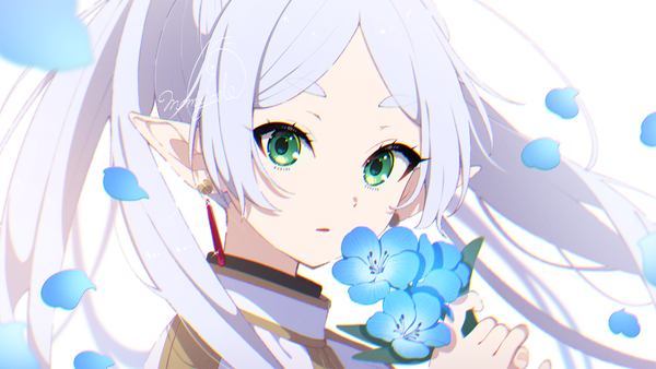 Anime picture 1500x844 with sousou no frieren frieren mamyouda single long hair simple background wide image white background twintails green eyes looking away silver hair upper body wind pointy ears eyebrows elf girl flower (flowers) earrings