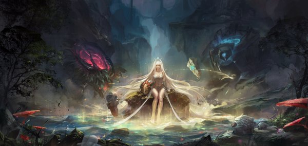Anime picture 6321x3000 with league of legends janna windforce foliage (artist) single highres breasts wide image sitting absurdres eyes closed very long hair grey hair legs girl gloves navel tiara