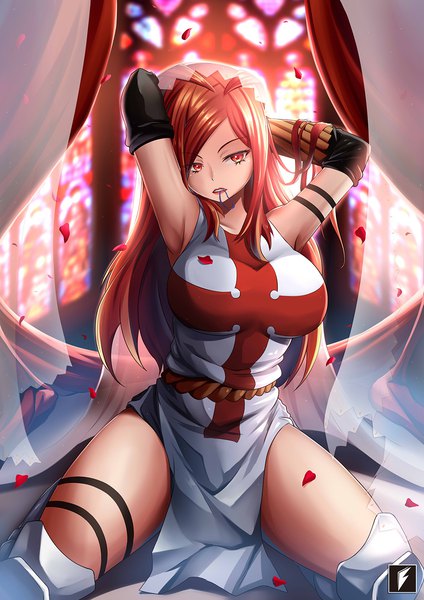 Anime picture 992x1403 with en'en no shouboutai david production lisa isaribi teng zhai zi single long hair tall image looking at viewer blush breasts light erotic red eyes large breasts sitting holding red hair indoors arms up depth of field mouth hold