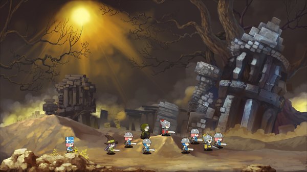 Anime picture 1200x675 with original hirokiku wide image sunlight chibi landscape bare tree ruins game weapon plant (plants) sword tree (trees) building (buildings) sun helmet