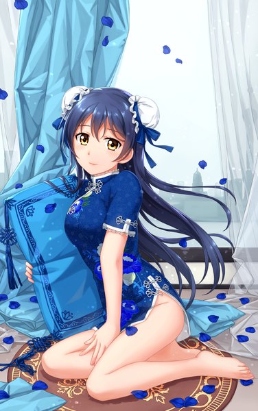 Anime picture 1000x1593 with love live! school idol project sunrise (studio) love live! sonoda umi tucana single long hair tall image looking at viewer light erotic yellow eyes blue hair traditional clothes hair bun (hair buns) chinese clothes yokozuwari girl petals pillow chinese dress