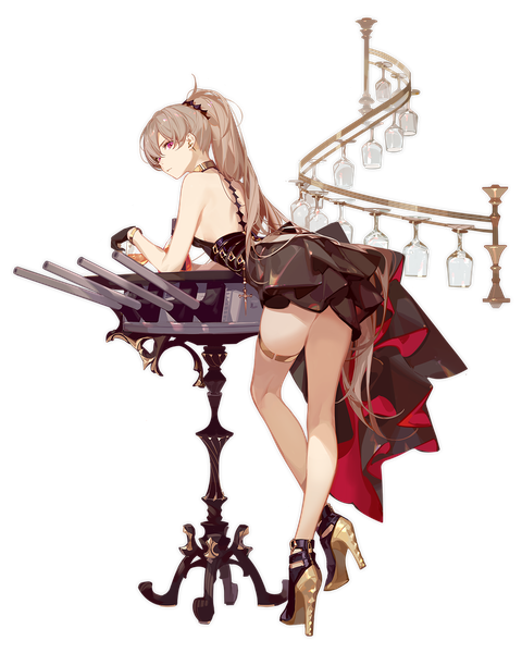 Anime picture 1123x1402 with azur lane jean bart (azur lane) jean bart (uninhibited bloodstone) (azur lane) ask (askzy) single tall image looking at viewer fringe breasts light erotic hair between eyes brown hair standing purple eyes bare shoulders payot full body ponytail very long hair looking back