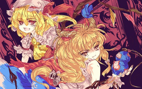 Anime picture 1130x707 with touhou flandre scarlet ibuki suika nine (liuyuhao1992) long hair short hair blonde hair wide image red hair horn (horns) girl ribbon (ribbons) hat wings chain