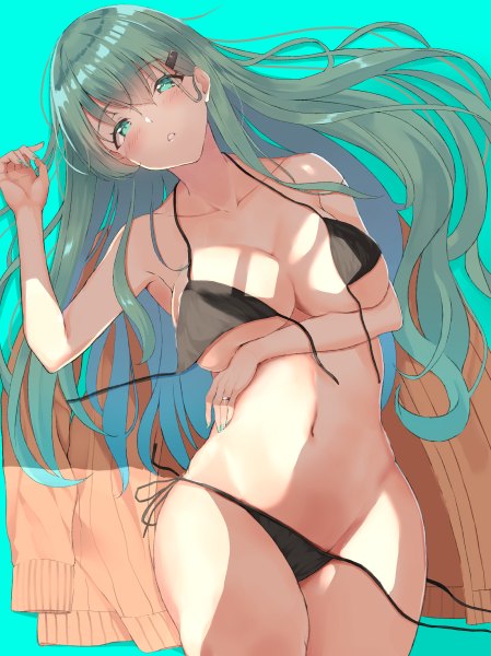 Anime picture 898x1200 with kantai collection suzuya heavy cruiser irohakaede single long hair tall image looking at viewer blush fringe breasts light erotic simple background hair between eyes large breasts bare shoulders cleavage lying nail polish parted lips aqua eyes