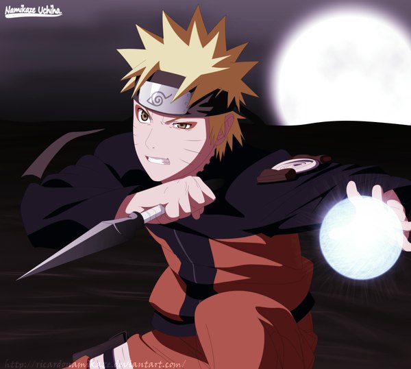 Anime picture 4000x3592 with naruto studio pierrot naruto (series) uzumaki naruto ricardonamikaze single highres short hair blonde hair brown eyes absurdres grin coloring magic facial mark whisker markings angry jinchuriki boy weapon