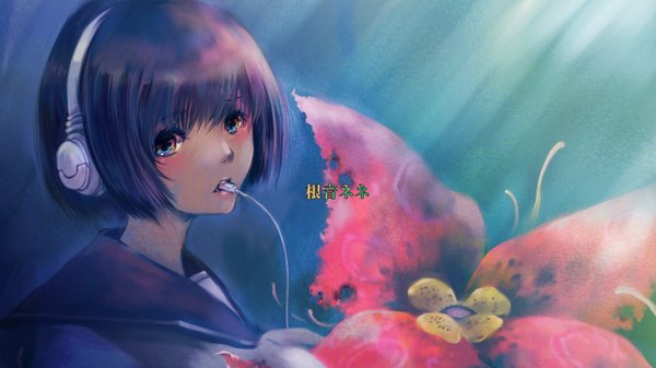 Anime picture 1600x900 with utau nene nene um (artist) fringe short hair open mouth black hair wide image multicolored eyes girl uniform flower (flowers) school uniform serafuku headphones wire (wires)