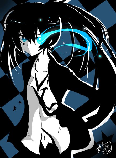 Anime picture 1400x1900 with black rock shooter black rock shooter (character) single long hair tall image looking at viewer blush highres blue eyes black hair twintails signed inscription glowing glowing eye (eyes) girl dress black dress