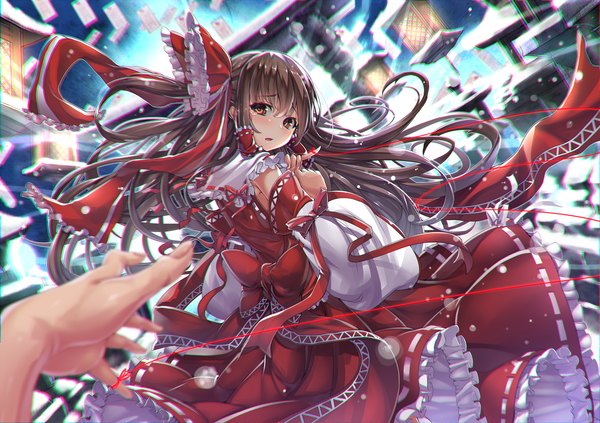 Anime picture 2000x1412 with touhou hakurei reimu kantarou (nurumayutei) single long hair looking at viewer blush fringe highres open mouth brown hair standing brown eyes outdoors nail polish traditional clothes head tilt japanese clothes looking back fingernails