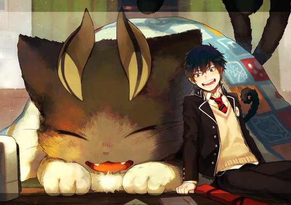 Anime picture 1300x918 with ao no exorcist a-1 pictures okumura rin kuro (ao no exorcist) yukibi (ykb) single blush fringe short hair open mouth blue eyes black hair smile hair between eyes sitting looking away indoors tail :d animal tail