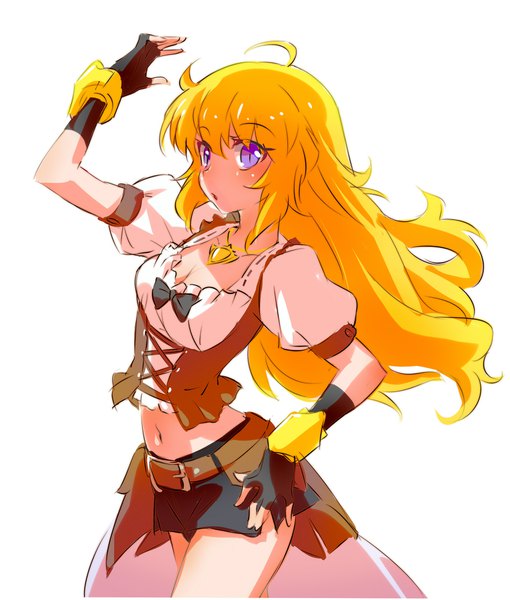 Anime picture 1600x1882 with rwby rooster teeth yang xiao long iesupa single long hair tall image looking at viewer blonde hair simple background white background purple eyes ahoge parted lips :o midriff puffy sleeves adapted costume girl gloves