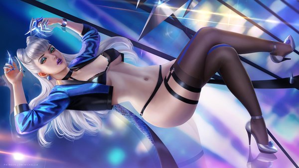 Anime picture 7100x4000 with league of legends k/da (league of legends) evelynn (league of legends) the baddest evelynn wickellia single long hair looking at viewer fringe highres breasts open mouth light erotic wide image yellow eyes absurdres silver hair full body bent knee (knees) lying
