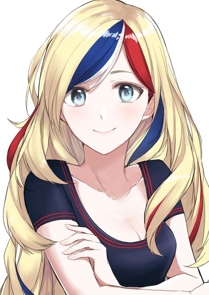 Anime picture 1254x1771 with kantai collection commandant teste (kantai collection) morinaga (harumori) single long hair tall image looking at viewer blue eyes blonde hair simple background smile white background cleavage upper body multicolored hair streaked hair portrait crossed arms girl