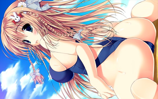 Anime picture 1024x640 with ore no kanojo no uraomote tomiya nazuki long hair blush breasts open mouth blue eyes light erotic brown hair wide image large breasts game cg ass braid (braids) girl hair ornament swimsuit