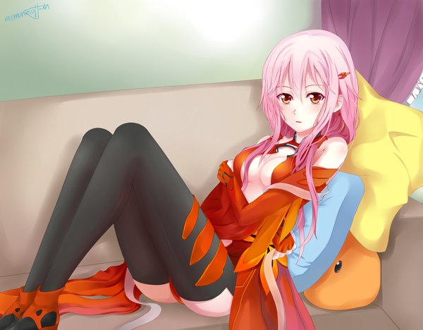 Anime picture 4281x3340 with guilty crown production i.g yuzuriha inori qiuzhi huiyi single long hair highres light erotic red eyes pink hair absurdres center opening girl thighhighs black thighhighs pillow couch