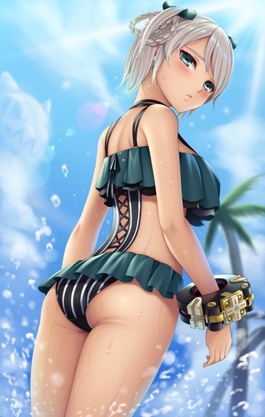Anime picture 1400x2200 with god eater god eater 2 god eater 2: rage burst ufotable ciel alencon watanuki kaname single tall image looking at viewer blush short hair breasts light erotic standing bare shoulders sky silver hair cloud (clouds) outdoors ass