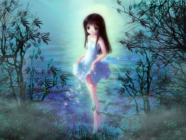 Anime picture 1600x1200 with original goto p single long hair brown hair brown eyes barefoot wallpaper flat chest third-party edit girl dress white dress