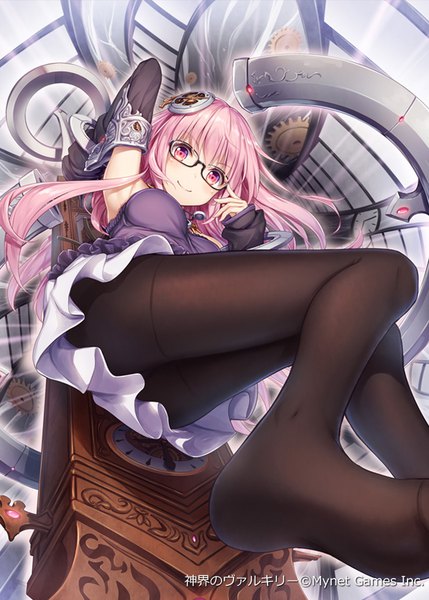 Anime picture 643x900 with shinkai no valkyrie time chronos (shinkai no valkyrie) akkijin single long hair tall image looking at viewer fringe light erotic smile pink hair bent knee (knees) pink eyes official art no shoes adjusting glasses girl hair ornament detached sleeves pantyhose