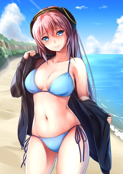 Anime picture 1000x1412 with vocaloid megurine luka megurine luka (vocaloid4) bit (keikou syrup) single long hair tall image looking at viewer blush fringe breasts blue eyes light erotic smile hair between eyes large breasts standing bare shoulders pink hair cloud (clouds)