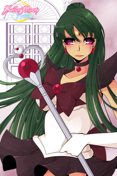 Anime picture 667x1000 with bishoujo senshi sailor moon toei animation meiou setsuna sailor pluto thanatosrising single long hair tall image looking at viewer blush simple background red eyes holding pleated skirt pink eyes green hair hair bun (hair buns) lipstick skirt lift girl