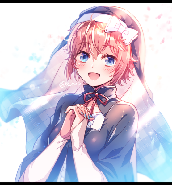 Anime picture 836x900 with doki doki literature club sayori (doki doki literature club) aicedrop single tall image looking at viewer blush fringe short hair open mouth blue eyes simple background smile hair between eyes white background signed upper body long sleeves nail polish :d