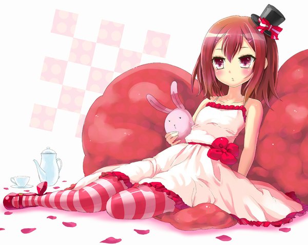 Anime picture 1024x819 with baka to test to shoukanjuu silver link kinoshita hideyoshi single blush short hair brown hair bare shoulders pink eyes otoko no ko checkered boy hair ornament bow hat petals pantyhose hairclip toy stuffed animal