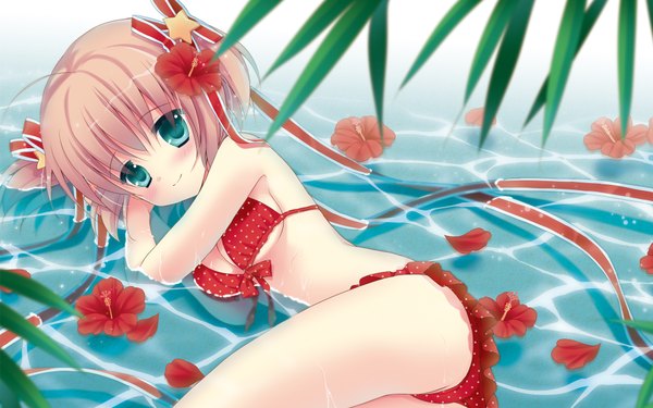 Anime picture 1920x1200 with little busters! key (studio) kamikita komari mana (10221125) single looking at viewer blush highres short hair light erotic brown hair wide image bare shoulders hair flower aqua eyes bare legs wet two side up partially submerged on side
