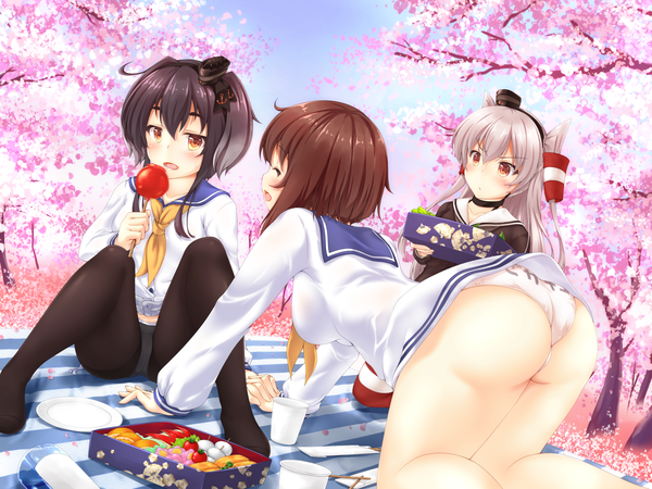 Anime picture 1600x1200 with kantai collection amatsukaze destroyer yukikaze destroyer tokitsukaze destroyer utahane w long hair blush short hair open mouth light erotic black hair brown hair multiple girls brown eyes sky silver hair ass :o two side up spread legs