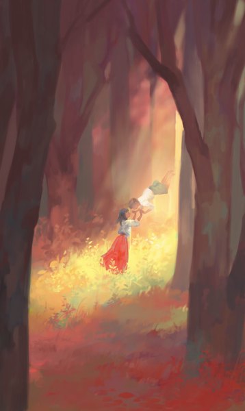 Anime picture 1624x2718 with original satomatoma tall image short hair brown hair holding hands midair girl boy skirt plant (plants) tree (trees) forest red skirt