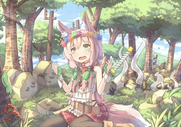 Anime picture 3508x2480 with original hinbackc long hair fringe highres short hair open mouth hair between eyes sitting bare shoulders multiple girls holding green eyes signed animal ears looking away pink hair absurdres sky cloud (clouds)