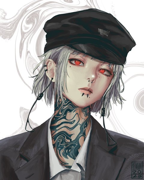 Anime picture 1638x2048 with chainsaw man mappa fami (chainsaw man) taorotana single tall image looking at viewer short hair red eyes white background signed head tilt grey hair mole tattoo mole under eye piercing dated ear piercing mole under mouth