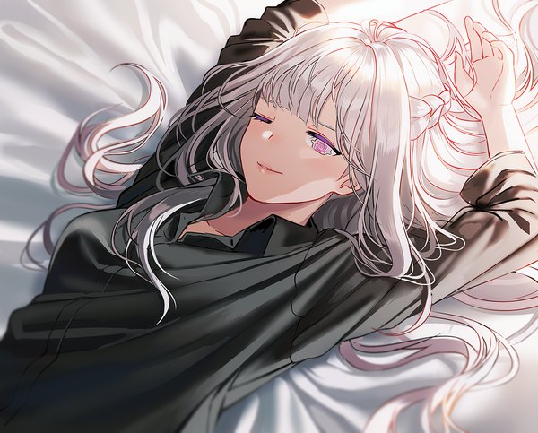 Anime picture 1300x1047 with girls frontline ak-12 (girls frontline) silence girl single long hair looking at viewer blush fringe breasts purple eyes payot silver hair upper body lying blunt bangs braid (braids) one eye closed from above light smile arms up