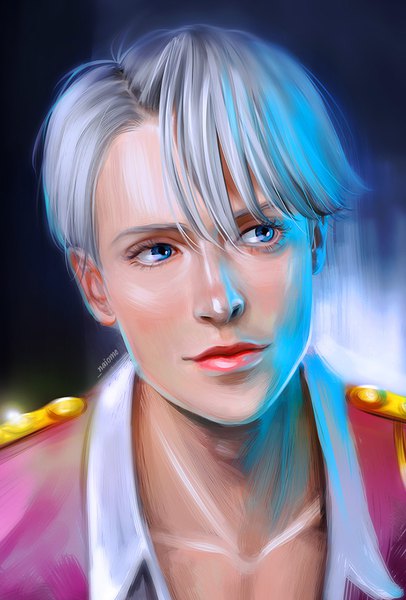 Anime picture 650x960 with yuri!!! on ice mappa viktor nikiforov naiome-san single tall image blush fringe short hair blue eyes simple background hair between eyes signed looking away upper body lips grey hair realistic sparkle portrait