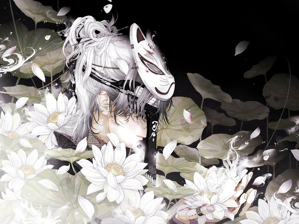 Anime picture 1000x750 with original paw (brtabby) single short hair white hair lips covering covering face boy flower (flowers) petals leaf (leaves) mask hairpin (hairpins) fox mask water lily
