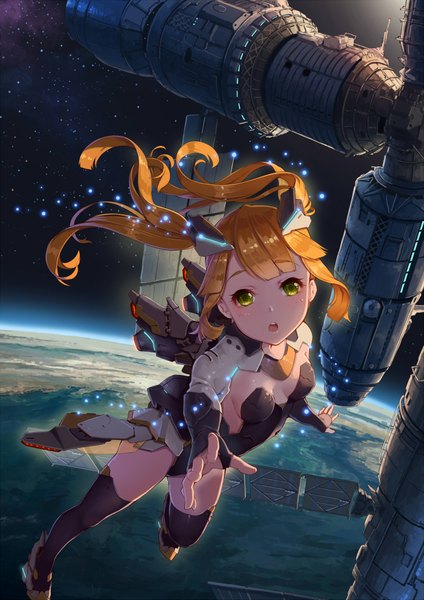 Anime picture 1500x2121 with original fangxiang cuoluan single long hair tall image looking at viewer open mouth blonde hair twintails green eyes outstretched arm space girl thighhighs hair ornament black thighhighs planet earth satellite
