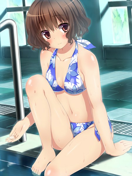 Anime picture 750x1000 with kami nomi zo shiru sekai ikoma minami wataru (zazazazazazawa) single tall image looking at viewer blush short hair light erotic brown hair brown eyes light smile girl navel swimsuit bikini pool