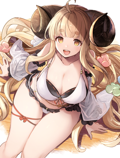 Anime picture 910x1200 with granblue fantasy anila (granblue fantasy) feb itk single long hair tall image breasts open mouth light erotic blonde hair large breasts sitting yellow eyes ahoge :d horn (horns) from above arm support eyebrows draph