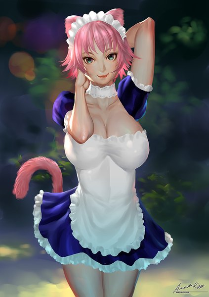 Anime picture 635x900 with original ariver kao single tall image looking at viewer blush fringe short hair breasts blue eyes light erotic smile large breasts standing signed animal ears pink hair tail animal tail cat ears