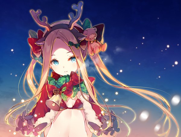 Anime picture 1200x909 with fate (series) fate/grand order abigail williams (fate) miwabe sakura single long hair looking at viewer fringe breasts blue eyes light erotic blonde hair animal ears payot upper body hair flower wind night fake animal ears christmas