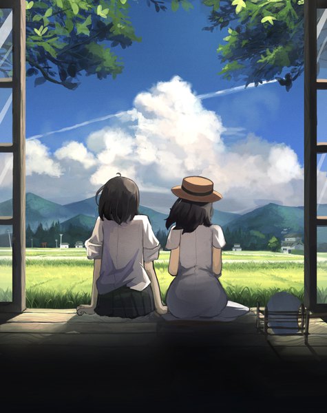 Anime picture 2894x3653 with original tsuki (syee8825) tall image highres short hair black hair sitting multiple girls sky cloud (clouds) ahoge outdoors pleated skirt wind from behind short sleeves mountain summer twisty sleeves field