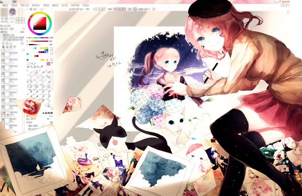 Anime picture 2000x1306 with original hzrn (ymj924) single looking at viewer highres short hair blue eyes smile pink hair looking back girl thighhighs skirt black thighhighs hat animal shirt cat beret pencil