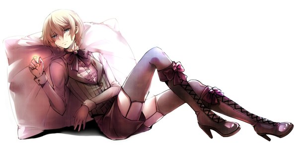 Anime picture 2000x1038 with kuroshitsuji a-1 pictures alois trancy single highres short hair blue eyes simple background blonde hair wide image white background looking away high heels crying thighhighs boy shorts boots bowtie pillow