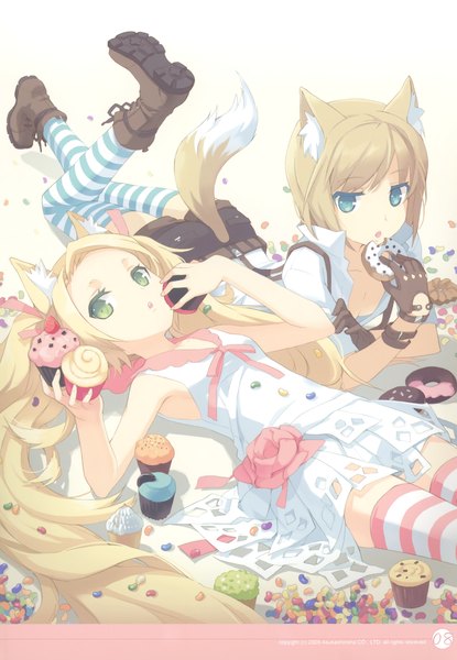 Anime picture 2098x3031 with original blonde blossom (artbook) h2so4 tall image looking at viewer highres open mouth blue eyes blonde hair twintails multiple girls green eyes animal ears tail lying animal tail scan on back sleeveless flat chest